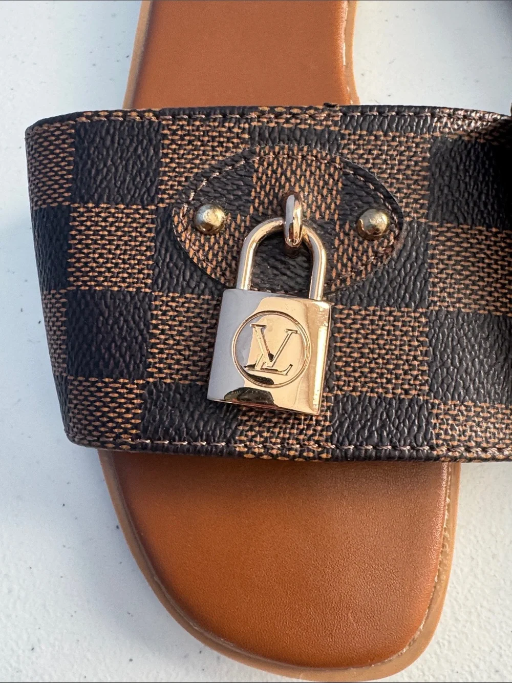 Louis Vuitton Brown and Dark Brown Damier Padlock Slide Sandals - Picture 3 of 10